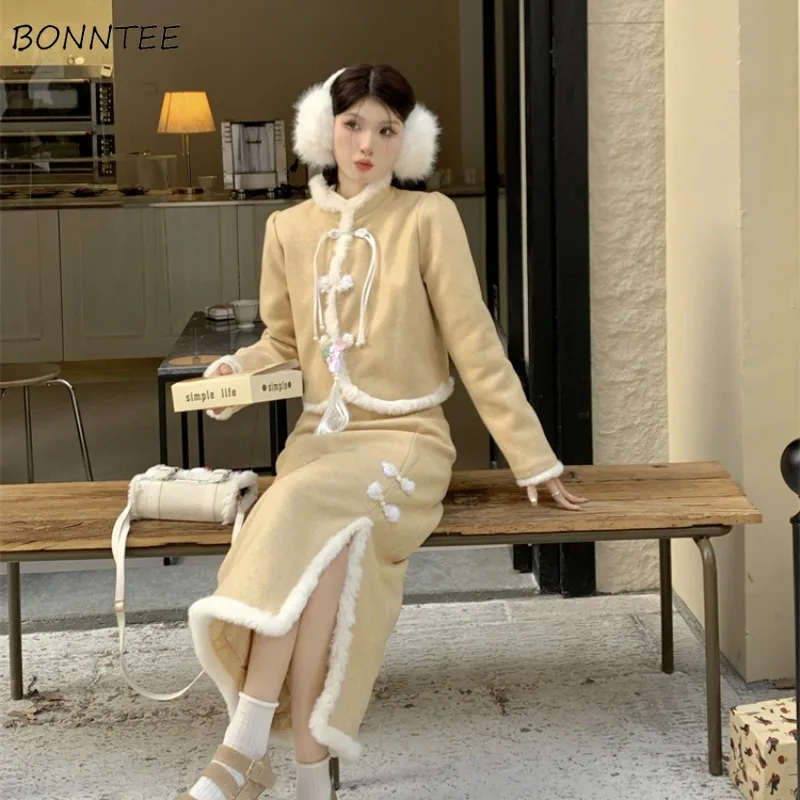 

Skirt Sets Women Thicken Furry Patchwork New Chinese Style Autumn Knot-button Cardigan Side-slit Skirts Trendy Popular Outfits