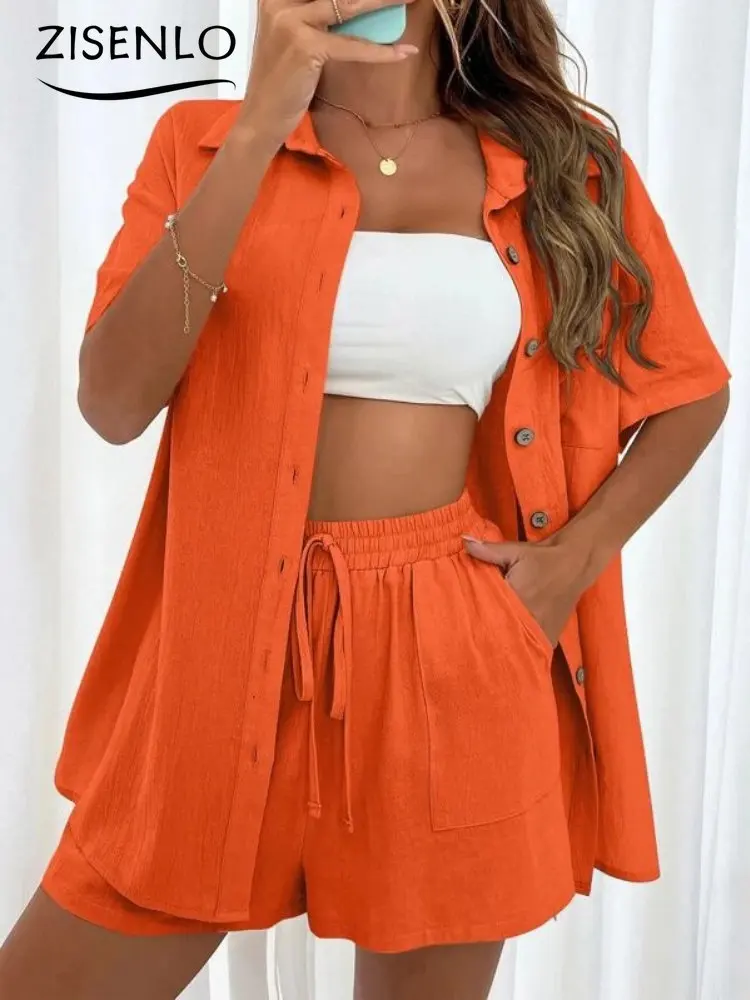 Dames Pak Zomer Mode Effen Kleur Korte Mouwen Single Breasted Shirt & Short Set Goedkope Elegante Losse Korte Broek Sets