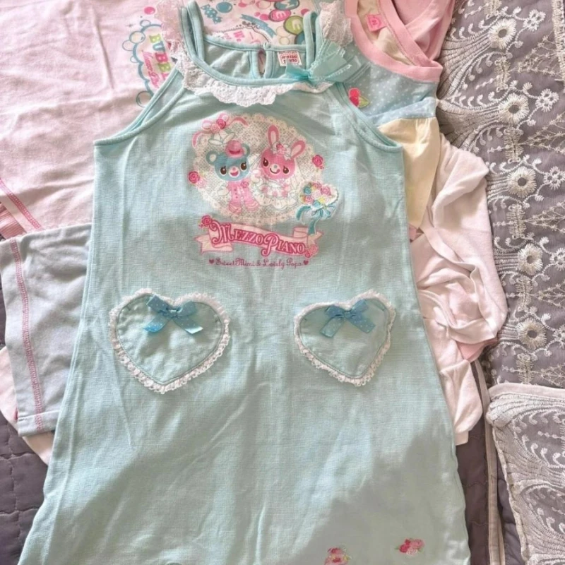 Pijamas con tirantes de estilo Lolita Kawaii para niñas, camisones con lazo de encaje dulce, camisones con estampado de oso de conejo, Mini vestido,