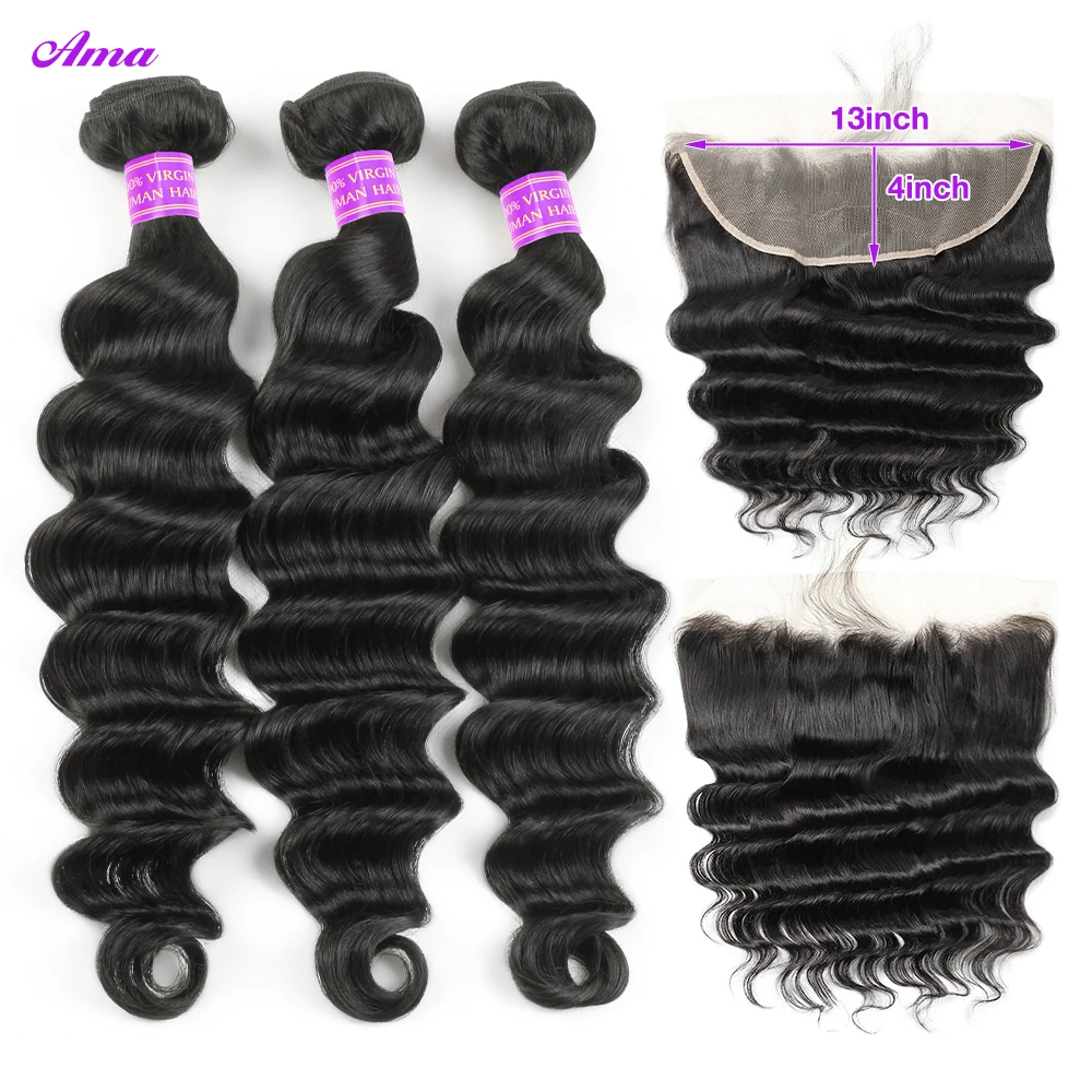 28 30Inch Loose Deep Wave Human Hair Bundles with  Frontal Peruvian Hair Bundles with Frontal  Remy 100% Human Hair Extension