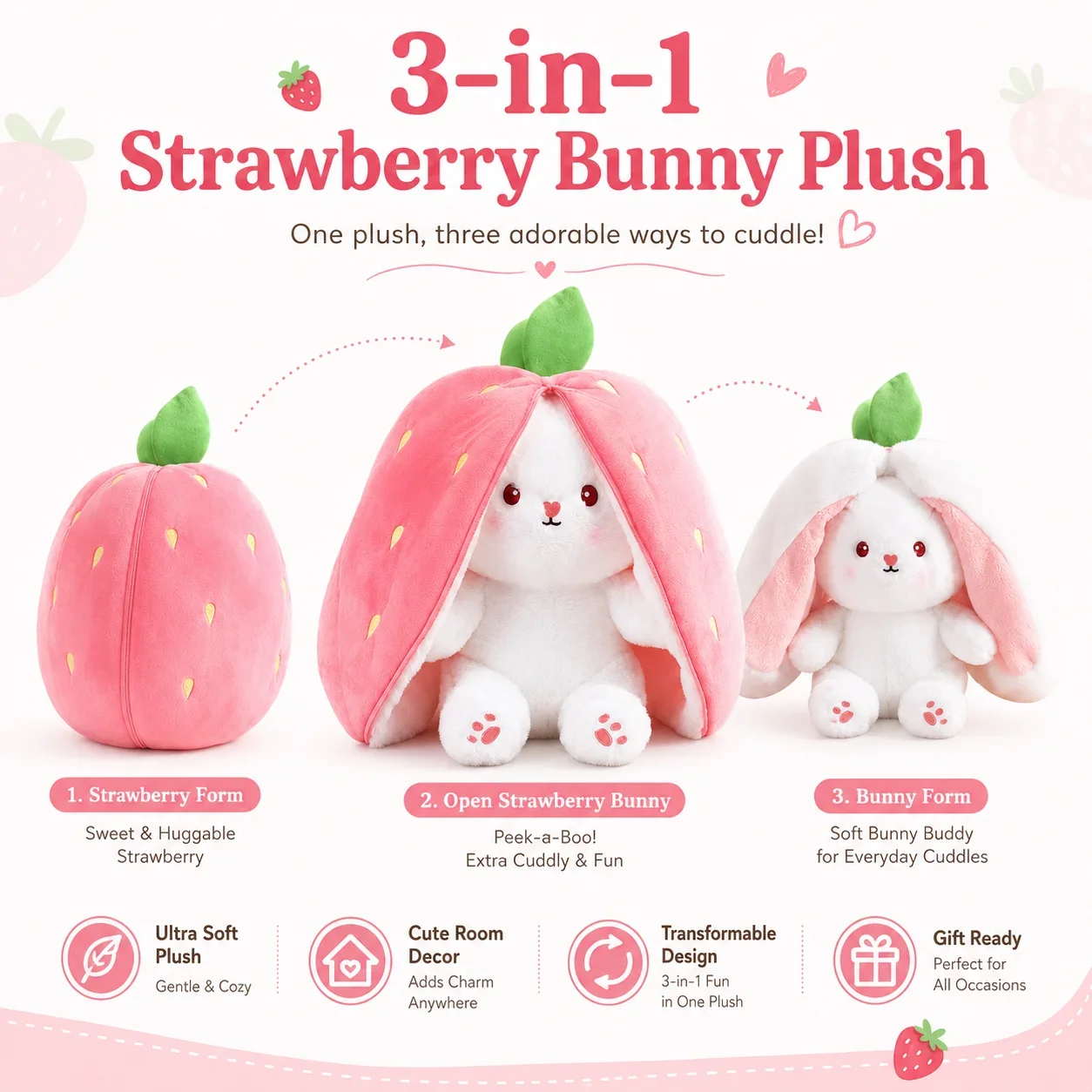 

Double Sided Fruit Rabbit Plush Toy, Reversible Carrot Strawberry Stuffed Bunny, Cute Soft Doll Set for Girls Boys