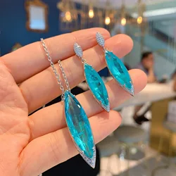 2024 Fashion Blue Paraiba Crystal Gemstone Pendant Necklace Tassel Earring Luxury 925 Sterling Silver Jewelry Set Gift for Women