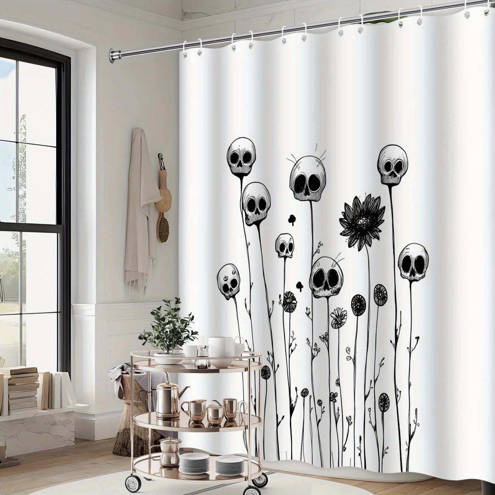 Novelty Skeleton Skull Shower Curtain Waterproof Bathroom Decor Gothic Halloween Funny Line Art Decoration
