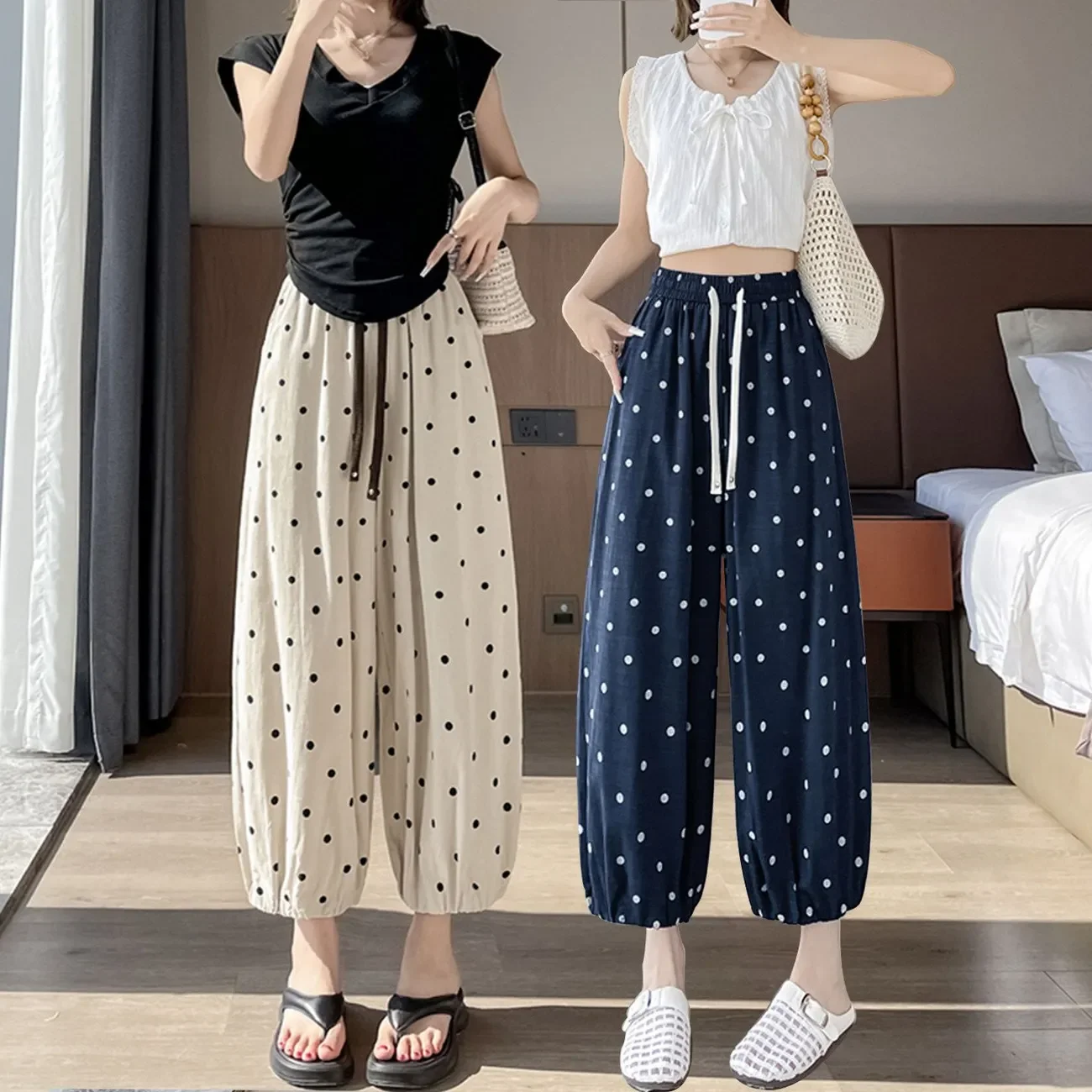 

Women Polka Dot Harem Pants Loose Wide Leg Ankle Length Casual Summer Bottoms with Drawstring Waist Comfortable Breathable