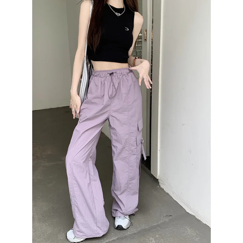 

Women Purple Cargo Pants Streetwear High Waist Wide Leg Pants Y2K Style Vintage Female 2024 Spring Grey Straight Trousers