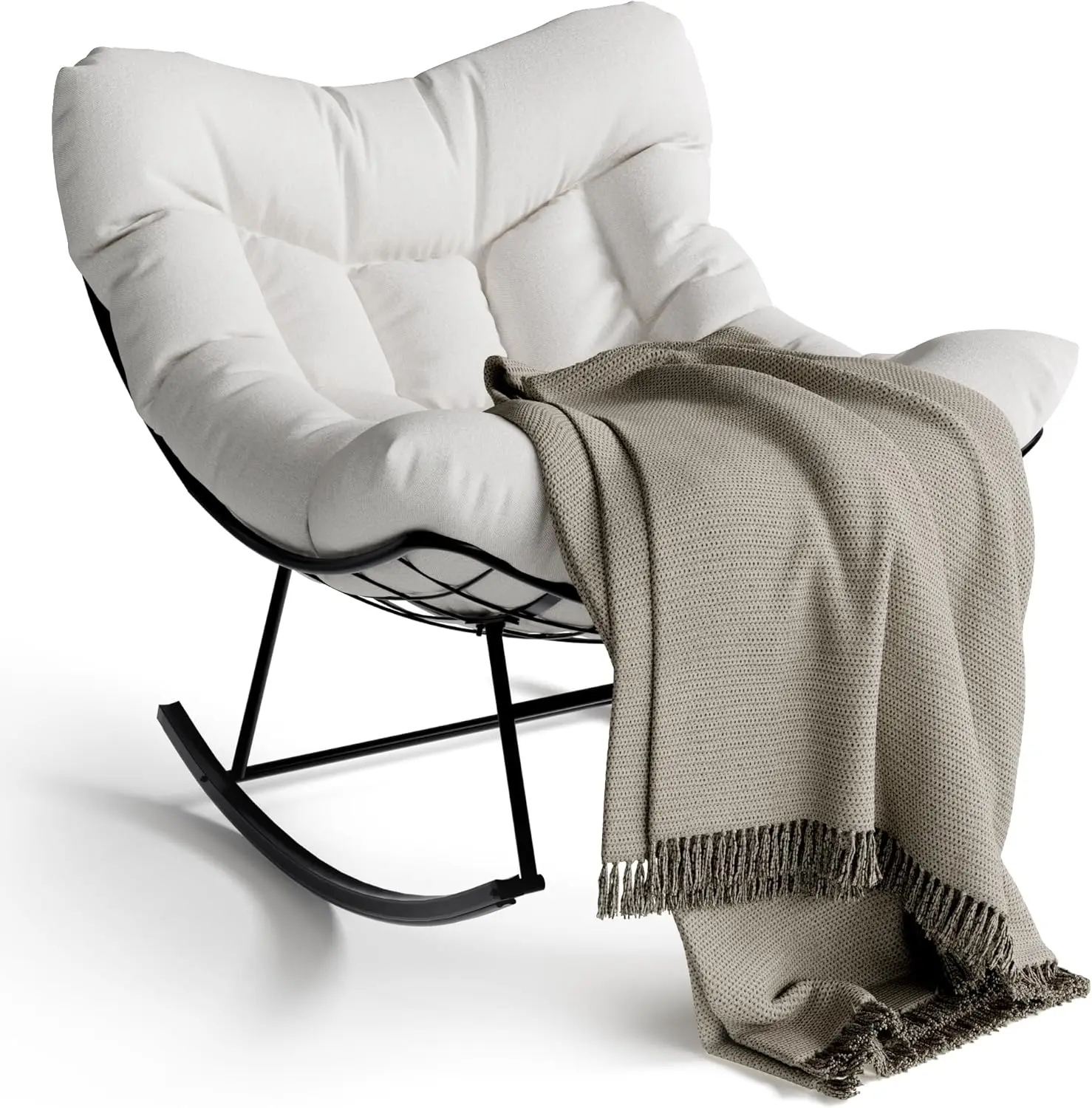 Outdoor Papasan Rocking Chair, Oversized Lounge Chair with Sturdy Metal Frame, Patio Rattan Egg Rocker for Balcony Backyard Porc