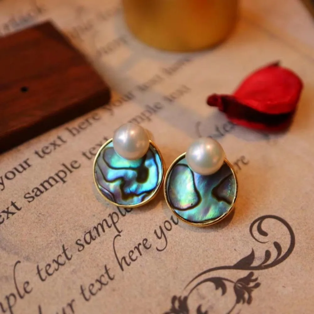 

SEREIN 925 Silver Natural Abalone Shell with Natural Pearl Stud Earrings Jewelry for Women Wedding Party Birthday Gift