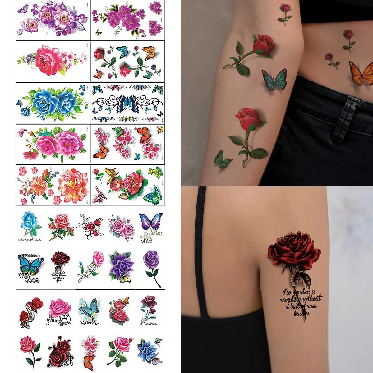 30 Stuks Kleurrijke Bloemen Tattoo Stickers Water Transfer Tathood Meisje Pioenroos Bloem Ontwerp Waterdichte Tijdelijke Tattoo Sticker