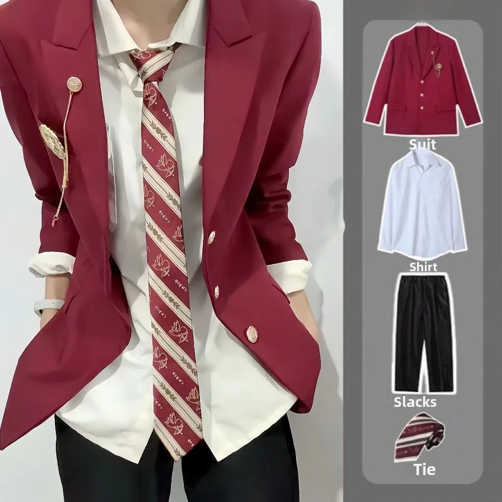 Red Boys' School Uniform Suit Jacket Adult Ceremony Coat Youth Vitality Style Polyester Fiber Long Sleeve Classic Collar