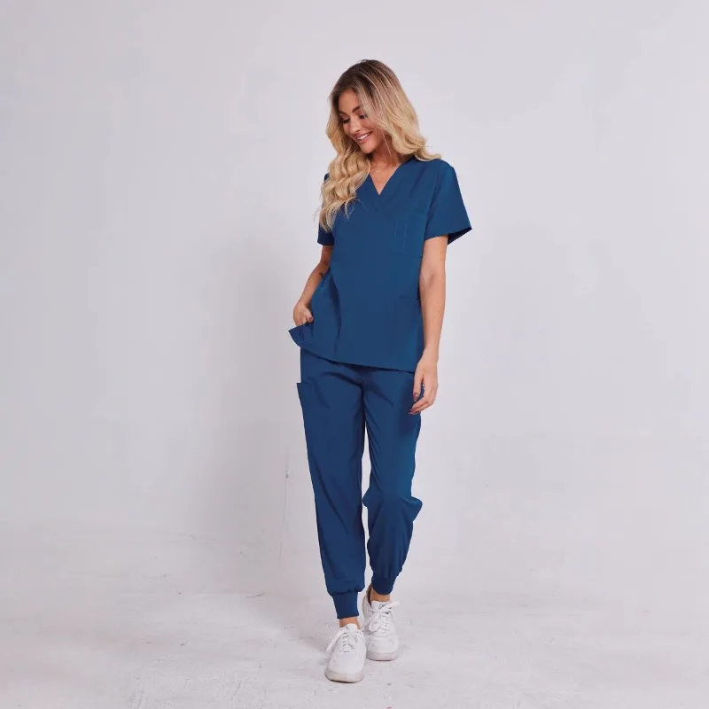 Moda casual com decote em v macacão de manga curta hospital enfermeira uniforme banho loja de beleza calças com cordão terno