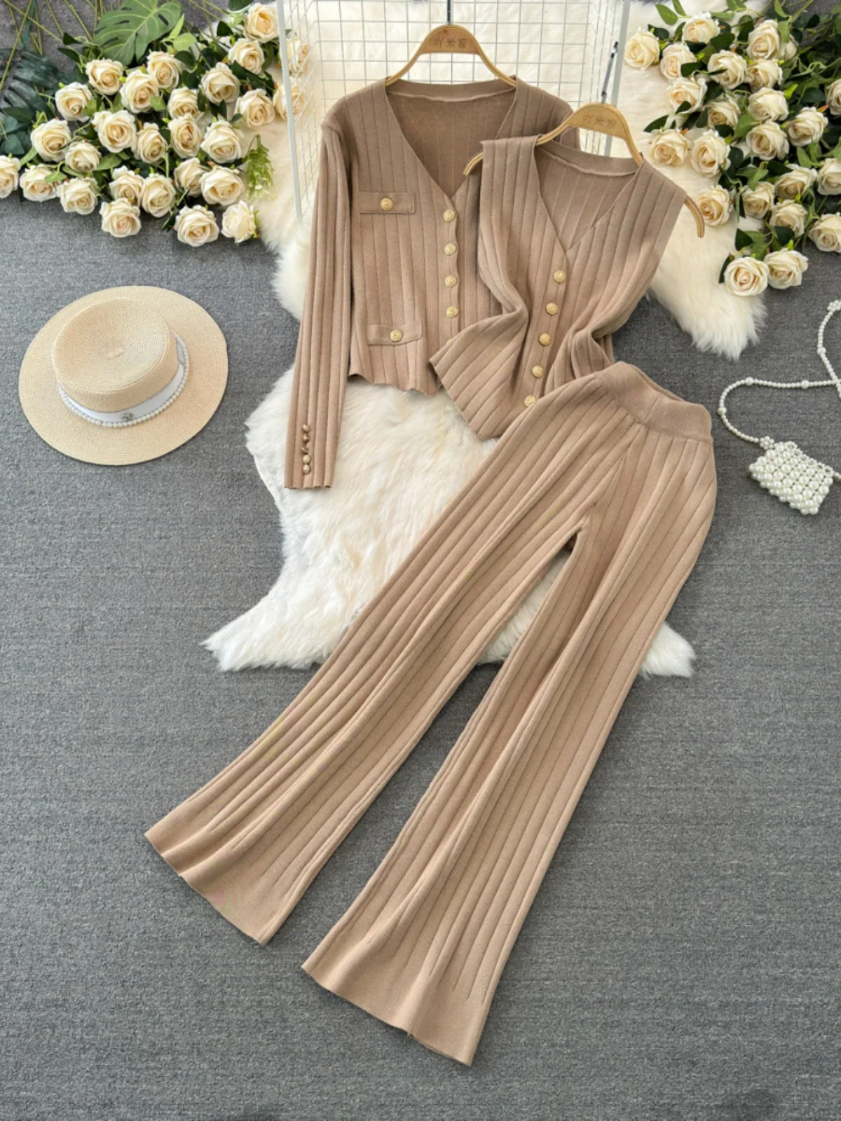 Fashion Knitted Three Pieces Sets Single Breasted Cardigan+Tank Top+High Waist Wide Leg Long Pants 2025 New Solid Sweater Suits