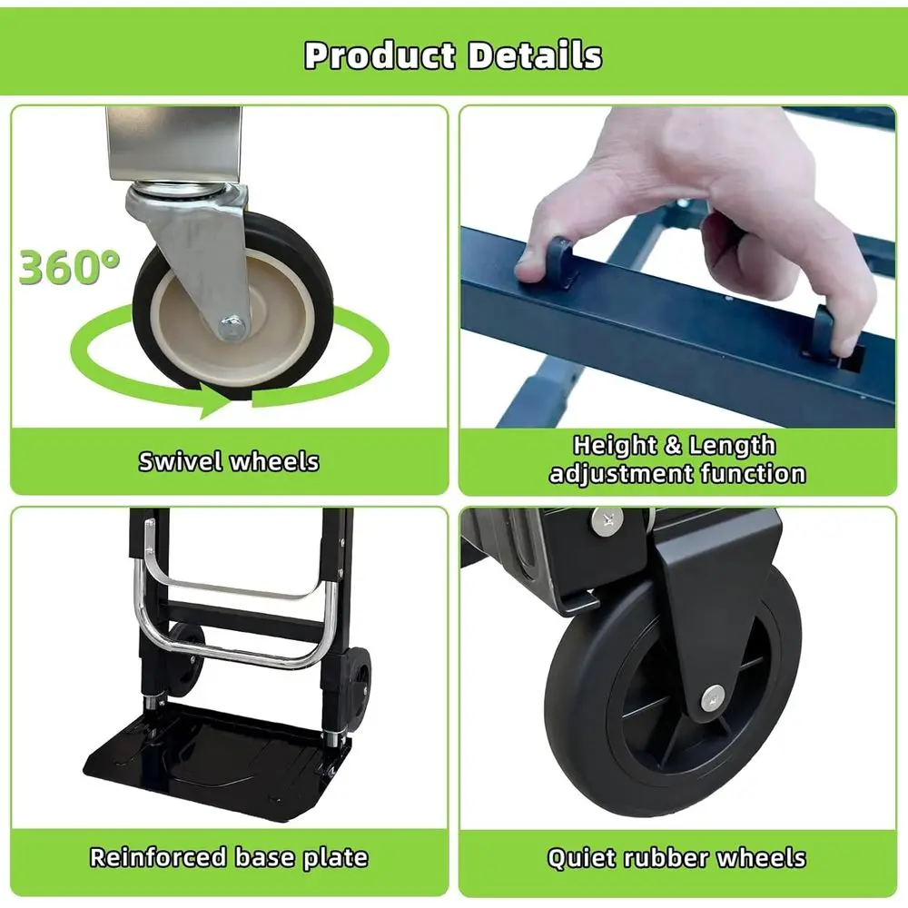 Carrinho utilitário dobrável 3 em 1, carga de 600 libras, carrinho dobrável durável com alça telescópica e 4 rodas de borracha para casa, fora