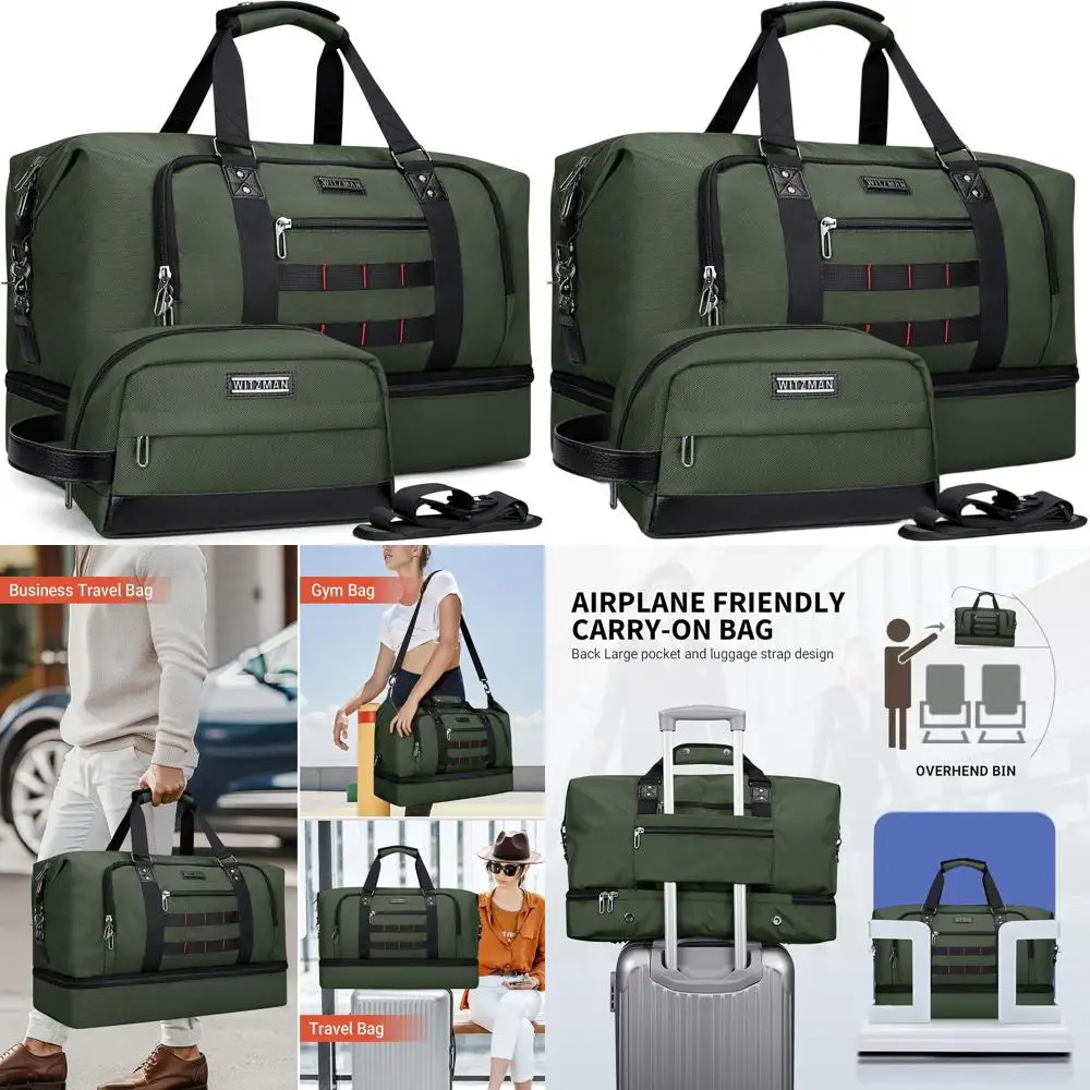 

Army Green 55L Travel Duffle Bag with Men's Weekender and Toiletry Bag Set for Carry-On Overnight Use