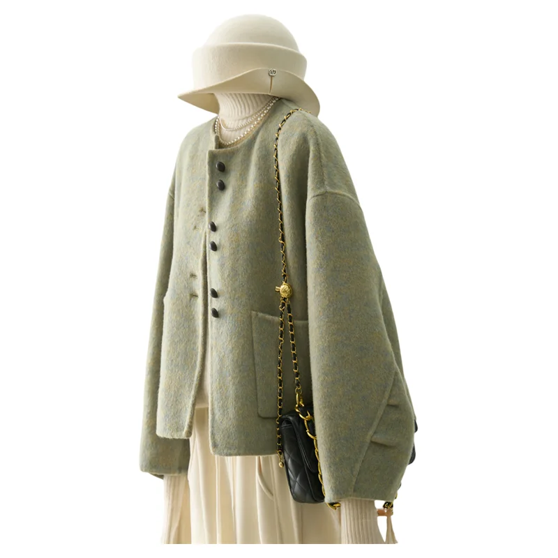 

Women's Olive Green Double-Faced Wool Coat Loose Fit Button Closure Pockets Long Sleeve Winter Warm Outerwear Elegant Style