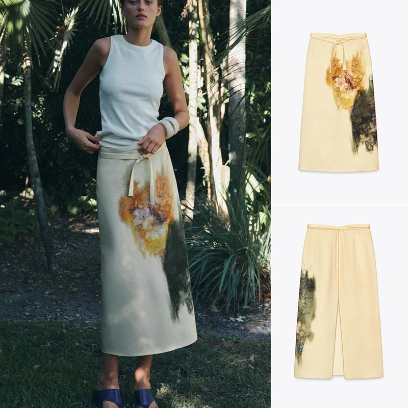 Primavera nueva mujer Simple Sle nudo dobladillo decorado falda Midi dividida estampado largo Sve redondo Ne Jersey Faion Set