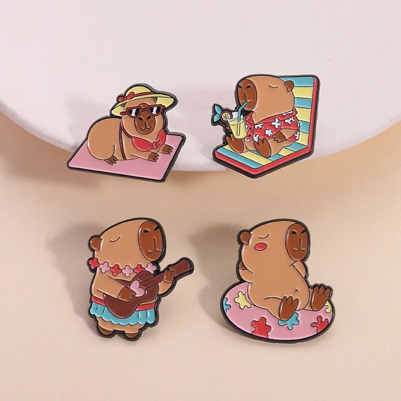 3-5pcs/set Cartoon Capybara Collection Enamel Pins Cute Hippopotamus Hippo Brooches Lapel Badge Animal Jewelry Gifts For Friends
