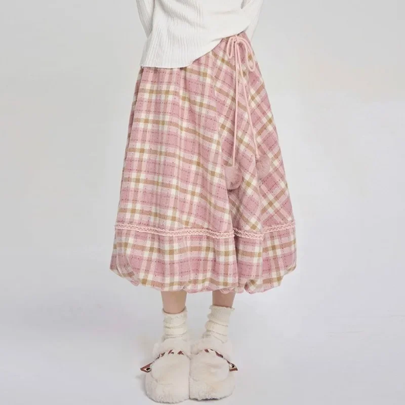 Sweet Kawaii Pink Plaid Tweed Maxi Skirt Autumn Winter High Waist A-line Mori Girl Style Cute Loose College Long Skirt for Women