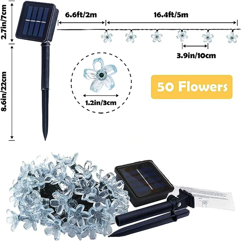 Solar Outdoor tahan air 50 lampu 8 mode LED Cherry Blossom String lampu untuk pagar taman teras halaman rumput pesta dekoratif