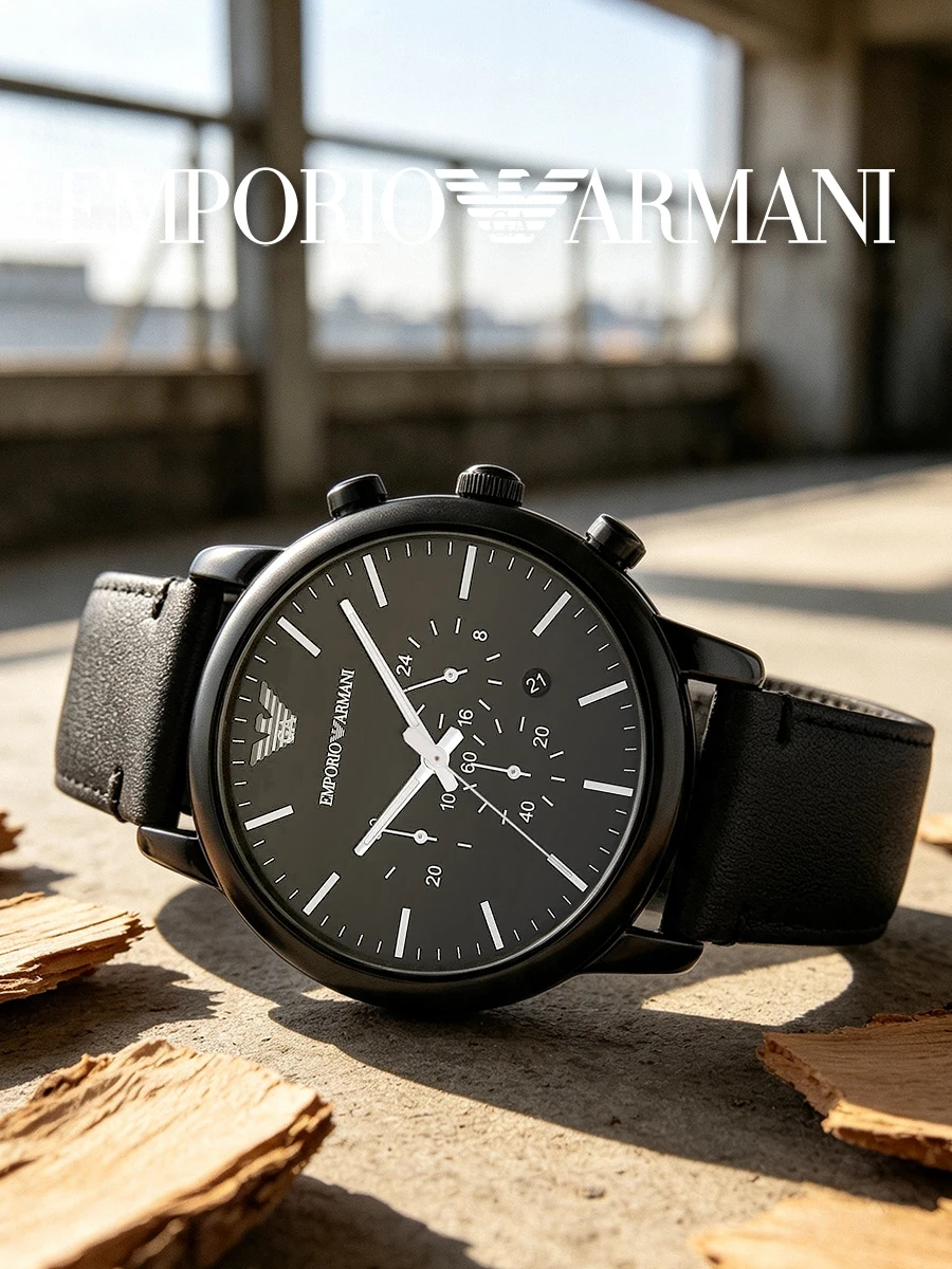 Emporio Armani AR1918 Men Watch 46MM Dial 22MM Band Chronograph Black Quartz Black Leather Casual Party Anniversary Gift for Him