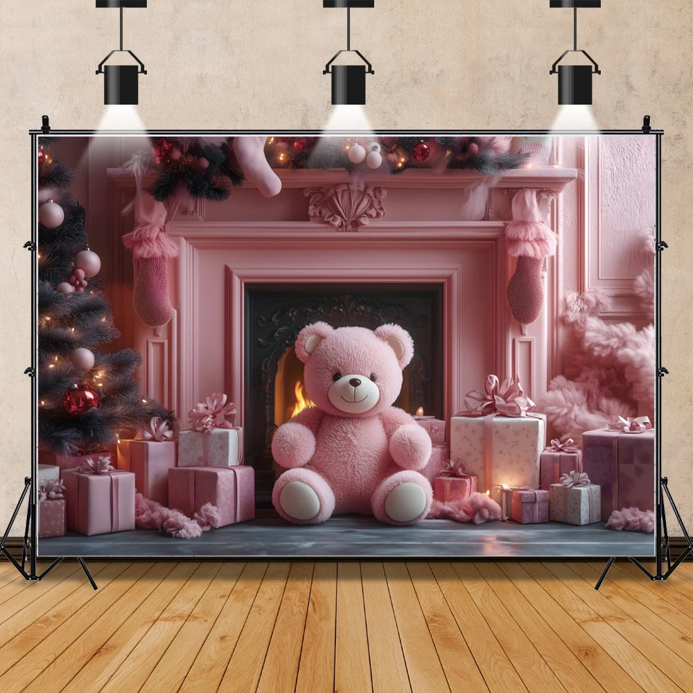 

Pink Christmas Photography Background Teddy Bear Fireplace Xmas Tree Gift Wall Children Portrait Backdrop Party Backdrop Studio