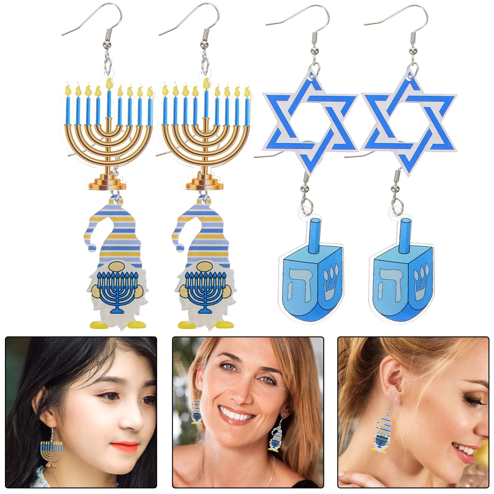 

4 Pairs Hanukkah Earrings Women Six Pointed Star Holiday Statement Acrylic Miss