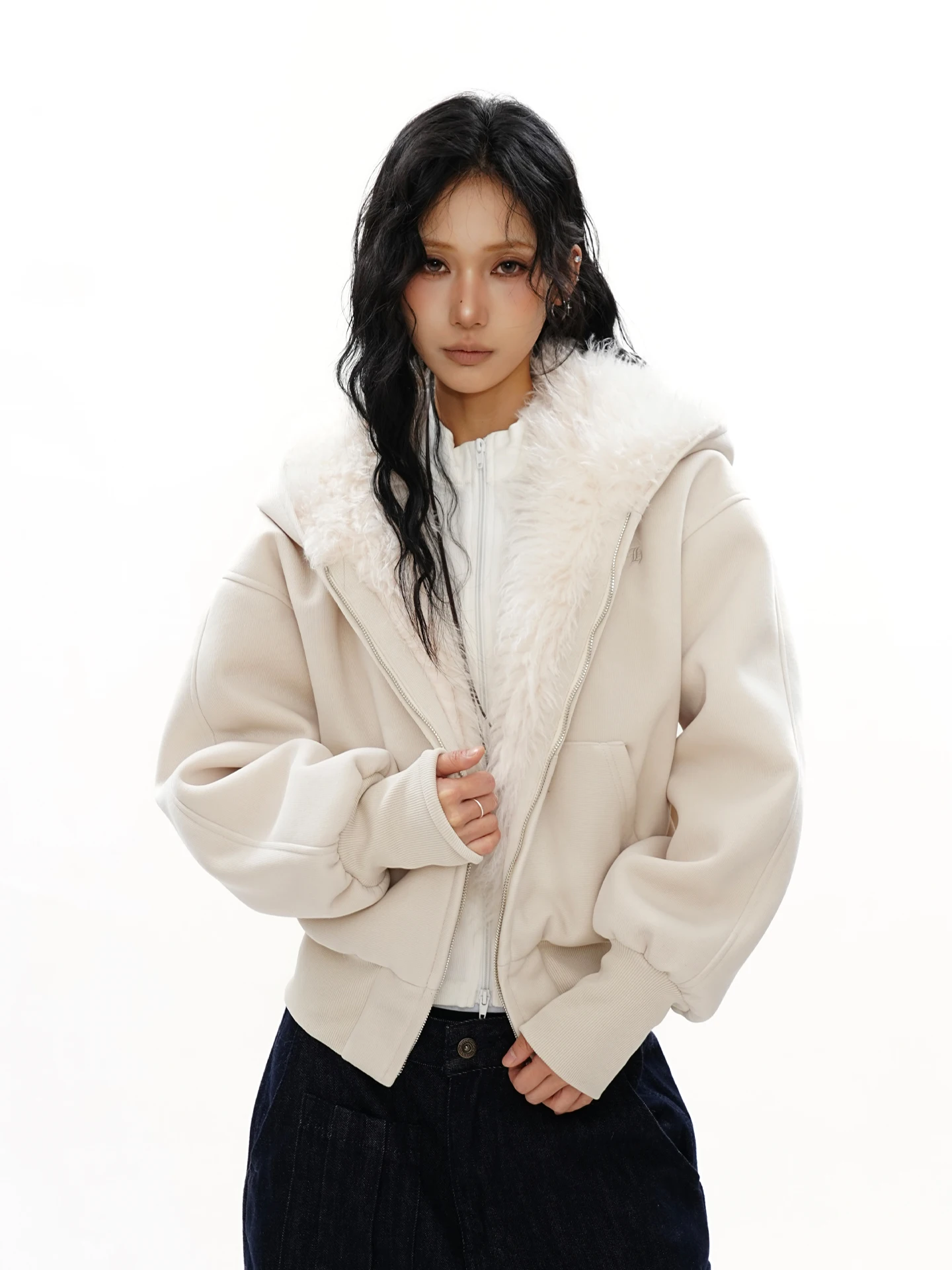 

S3T5 White Fce Lined Hooded Thiened Cotton Jaet ort Sweatirt Women's Spring Autumn Winter New Sle Fur Collar Car...