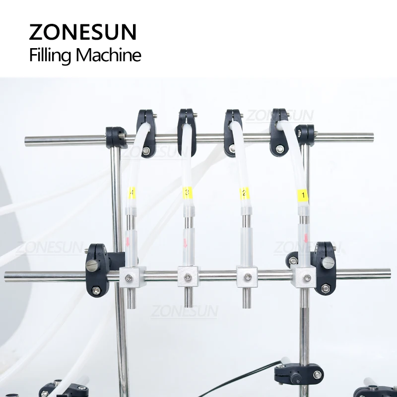 ZONESUN riempitrice di liquidi automatica 4 teste pompa a membrana succo bottiglia cosmetica riempitrice d'acqua con nastro trasportatore