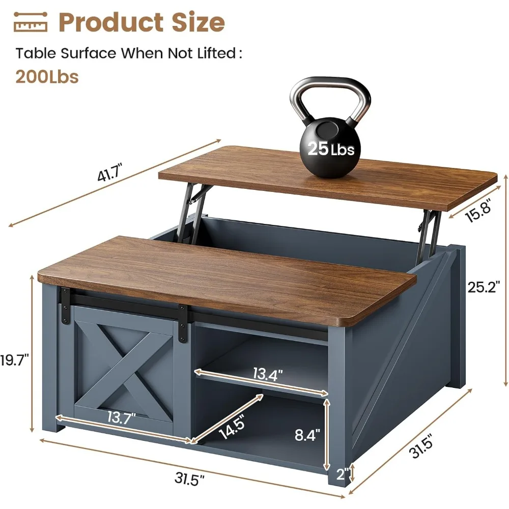 โต๊ะกาแฟทรงสี่เหลี่ยมสไตล์บ้านไร่พร้อมที่ยกและที่เก็บของสำหรับห้องนั่งเล่น พื้นที่เก็บของขนาดใหญ่ที่ซ่อนอยู่