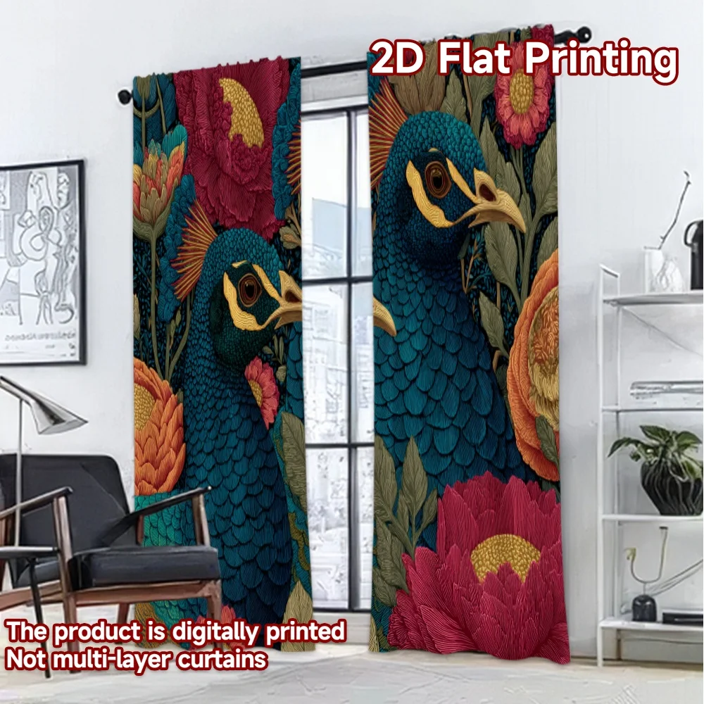 2D FLAT PRINTING 2pcs Curtains (Without Rod) Elegant Peacock Among Flowers Popular Contemporary Curtains Versatile Polyester