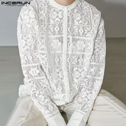 2024 Men Shirt Lace Transparent Stand Collar Long Sleeve Streetwear Sexy Men Clothing Loose Fashion Casual Camisas S-5XL INCERUN