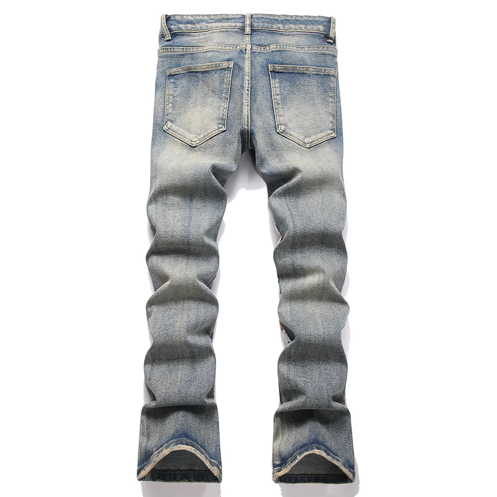 Men's Skull Boot Cut Denim Jeans Vintage Blue Devil Embroidery Stretch Pants Slim Flared Trousers