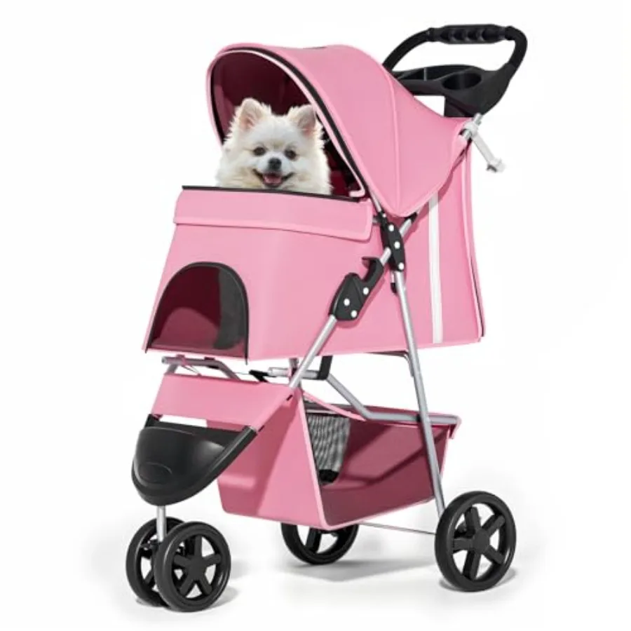

Pet strolling cart for small/medium dogs and cats: pink foldable 3-wheels stroller with waterproof cover, breathable mesh, stor