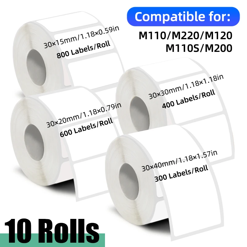 

10 рулонов серии 30 мм, 30*15 мм, 30*20 мм, 30*30 мм, 30*40 мм пустая бумага для термопечати этикеток, подходит для устройств безчернильных этикеток, портативных термопринтеров