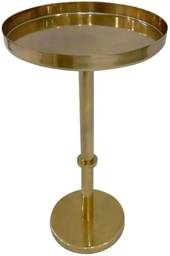 12 Inch Side End Table, Vintage Sleek Pillar Base, Round Tray Top, Oxidized Antique Brass