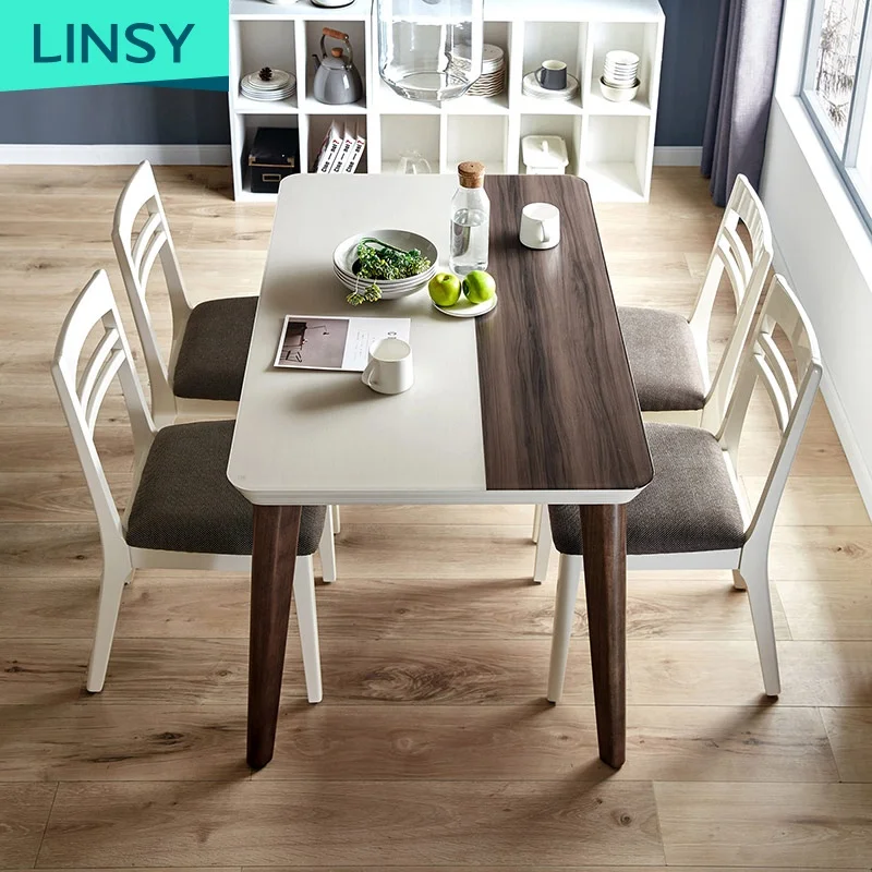 Linsy Modern Minimalist 4 Chairs Solid Wood Foot Dining Table Small Apartment Tempered Glass Home Dining Room Furniture Wooden