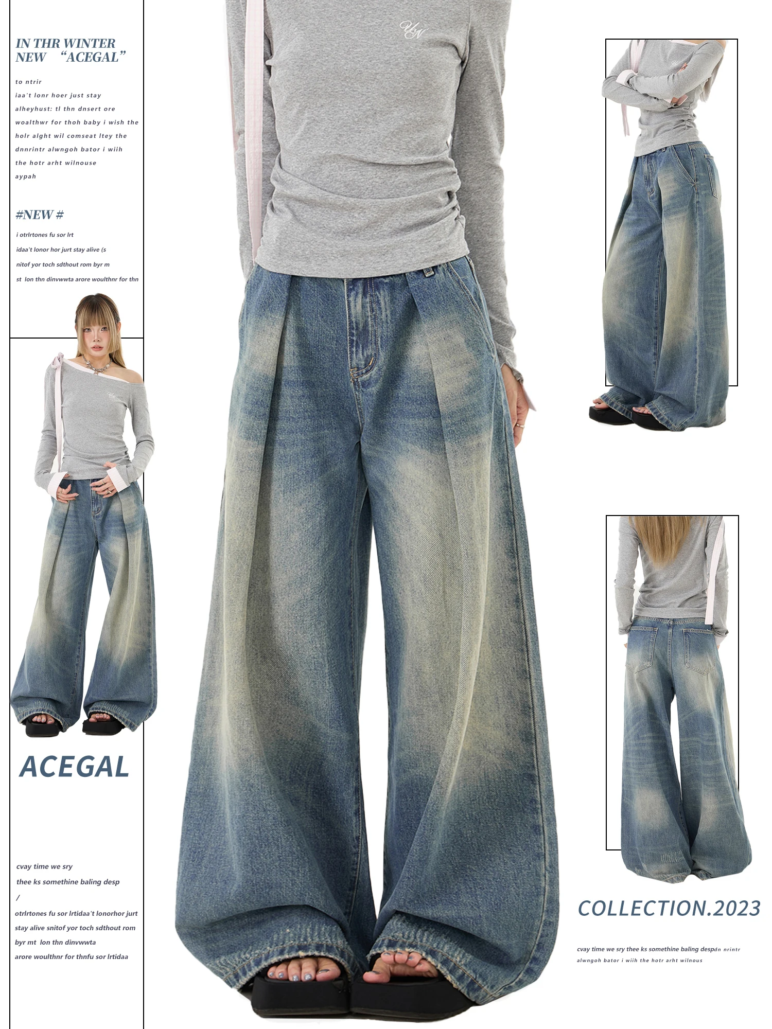 

American Style Washed Folded Denim Jeans Women Loose Slim Wide Leg Straight Floor-Length Pants Casual Cotton Polyester Blend