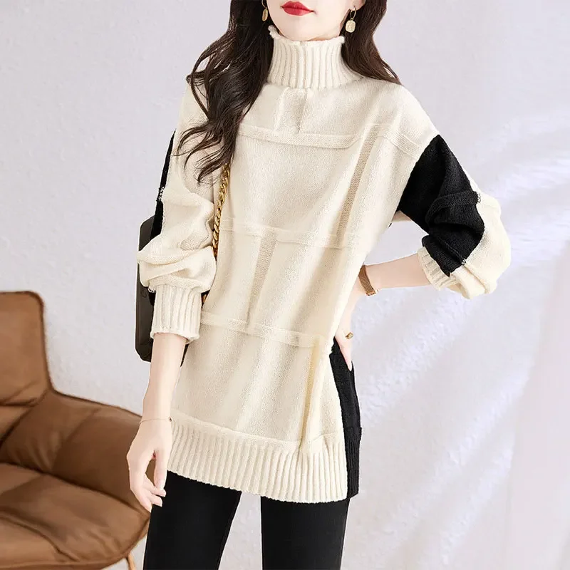 Korean Contrasting Colors Sweaters Autumn Winter Turtleneck Casual Loose Female Clothing Stylish Asymmetrical Knitted Jumpers