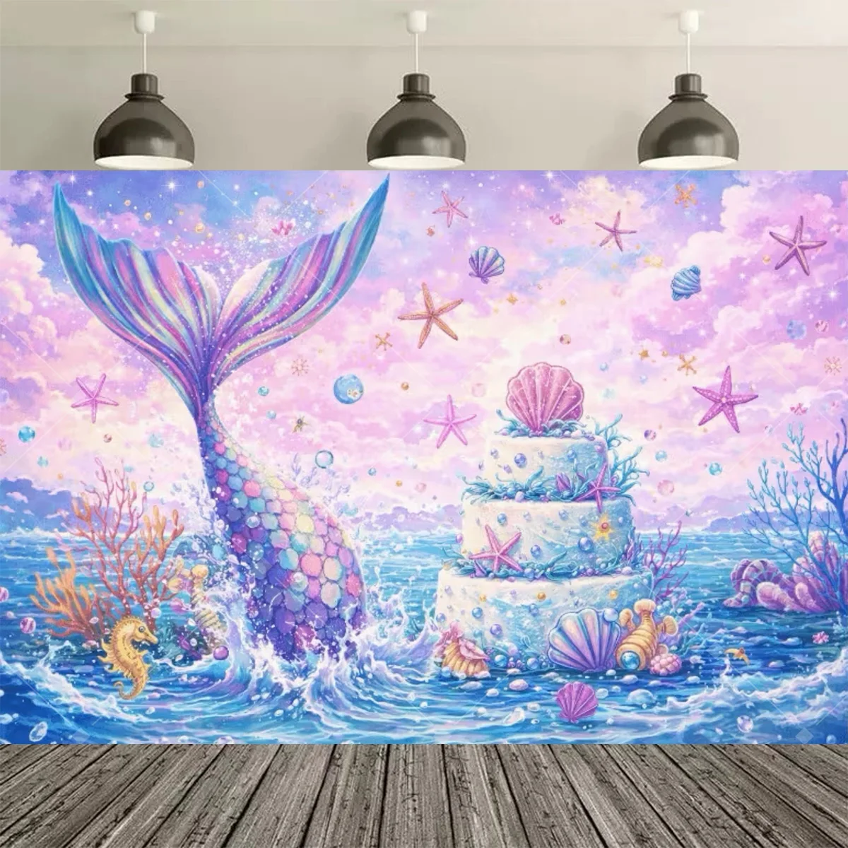 Unterwasserwelt Meerjungfrau Geburtstagsparty Dekoration Hintergrund Meerjungfrauenschwanz Geburtstagsbanner Mädchen Party Studio Kuchentisch Deko – Detail 5