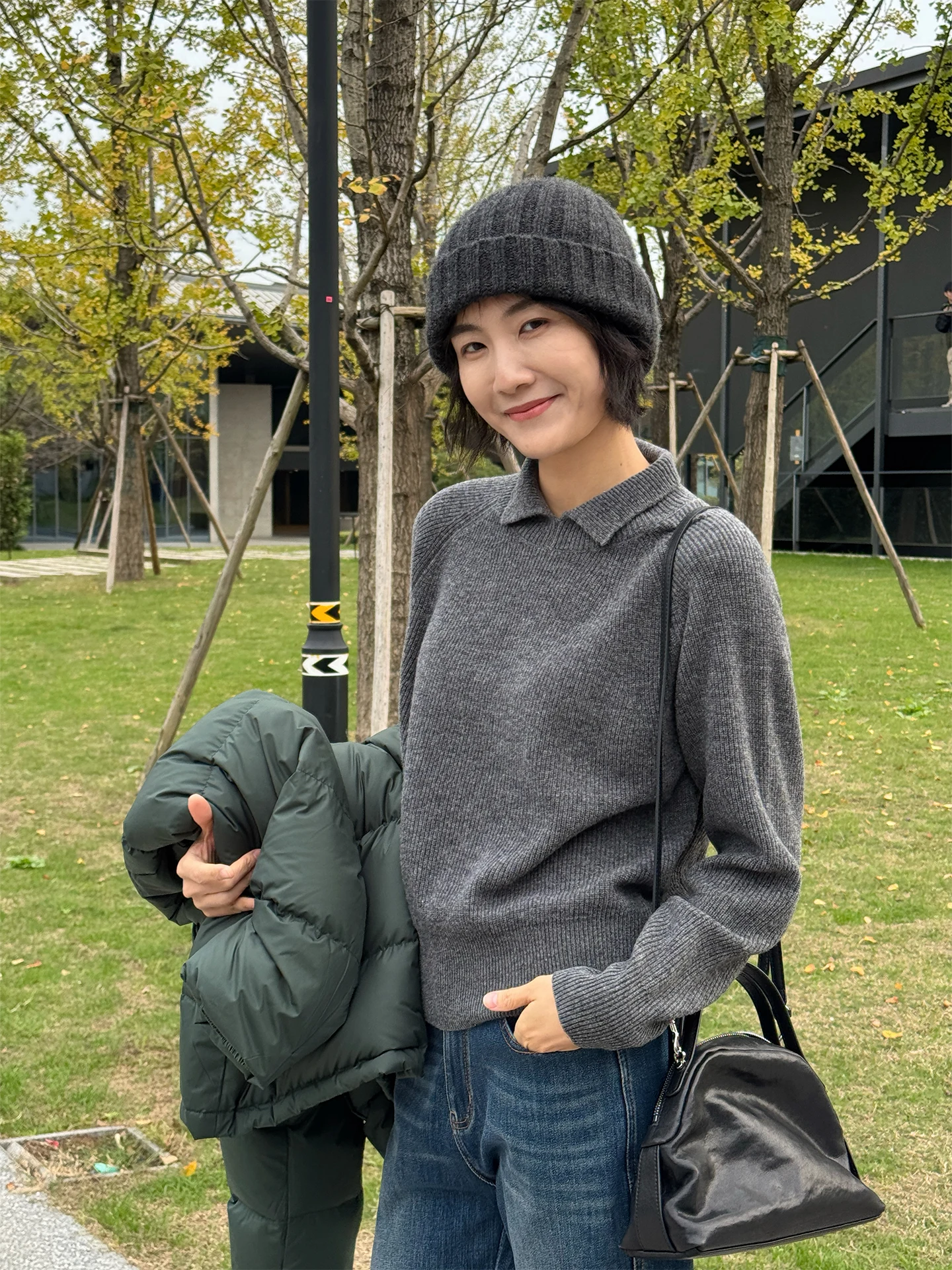 

Langqing Deep ey Woolen Knitted Sweater Collared Loose Fit Warm Inner Wear Women's Sle Casual Home Office Wear Long Sve