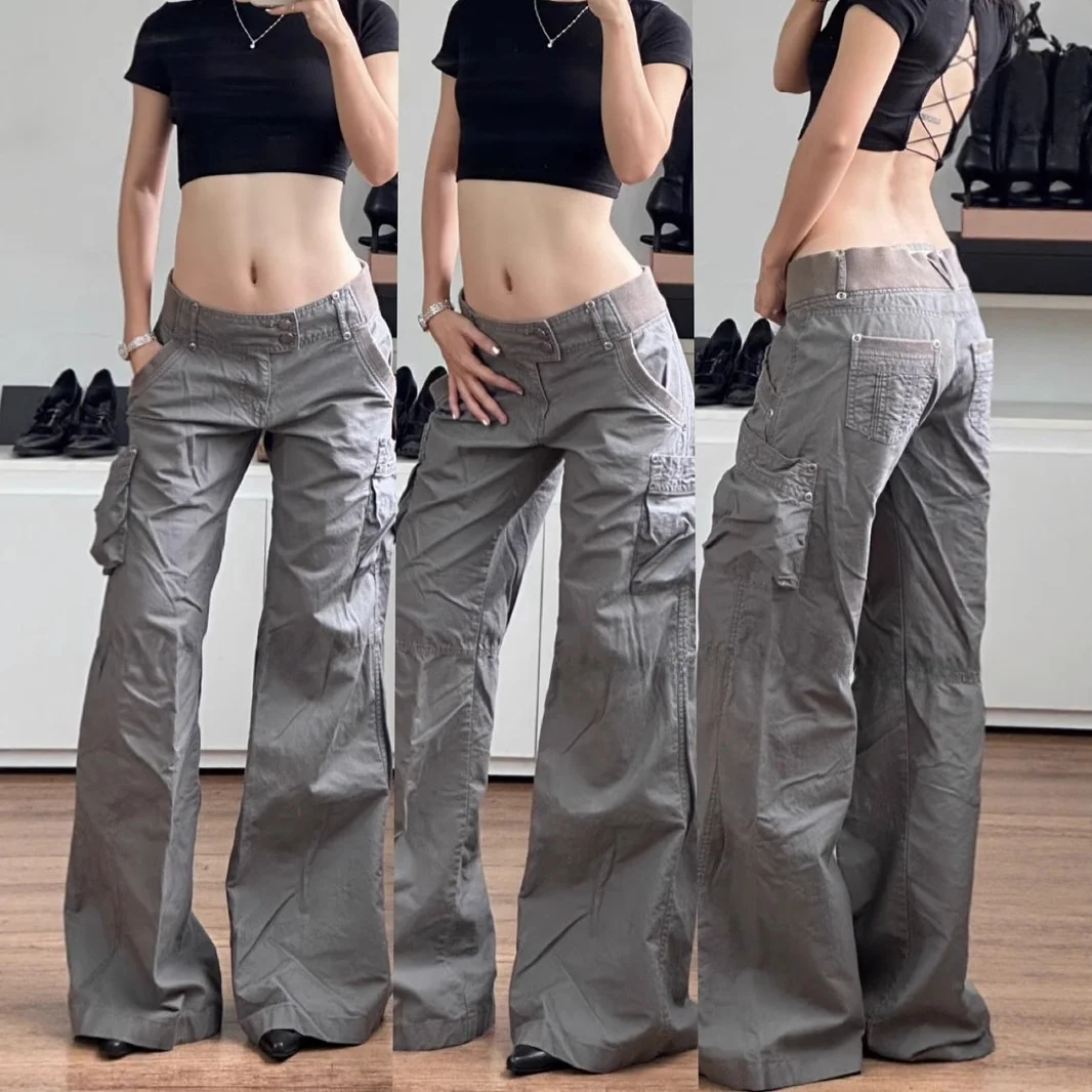 Low Waist Loose Fit Street Style Stitching Pocket Overalls Jeans Cleanfit Polyester Casual Pants for Women