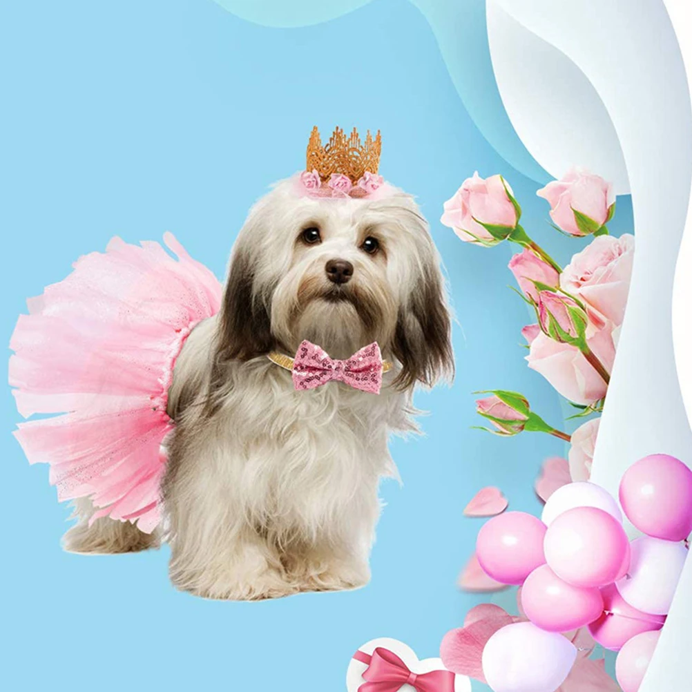 

Fashion Gauze Dog Skirt Set Creative Pet Dress Crown Neck Tie Bright Color Comfortable Outdoor Walking Jogging Photo Supplies