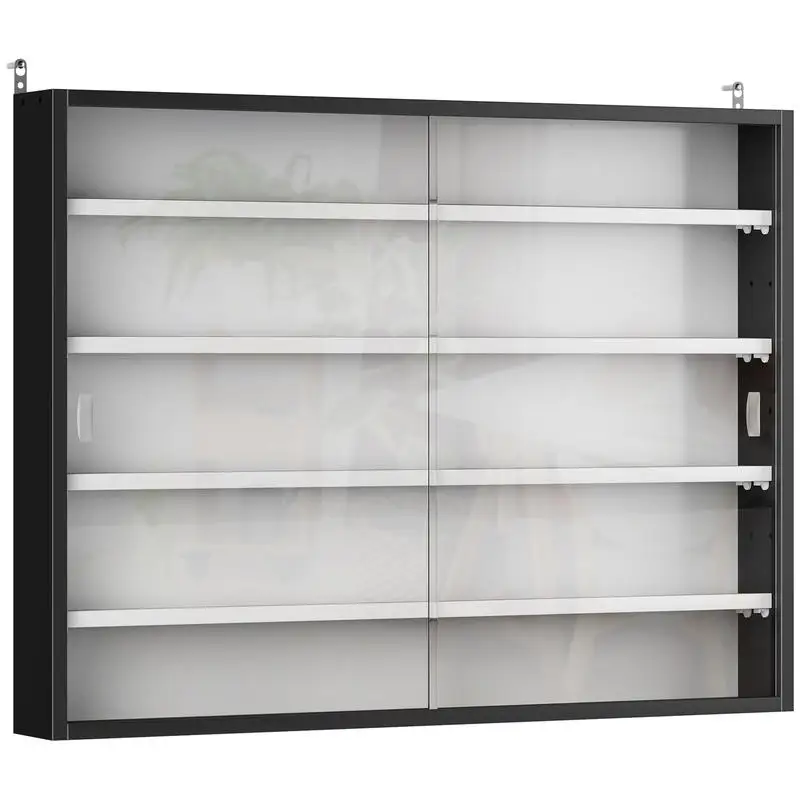 Wall-mounted display case for collectibles, 5 height-adjustable shelves and 2 glass sliding doors, 80 x 9.5 x 60 cm, black