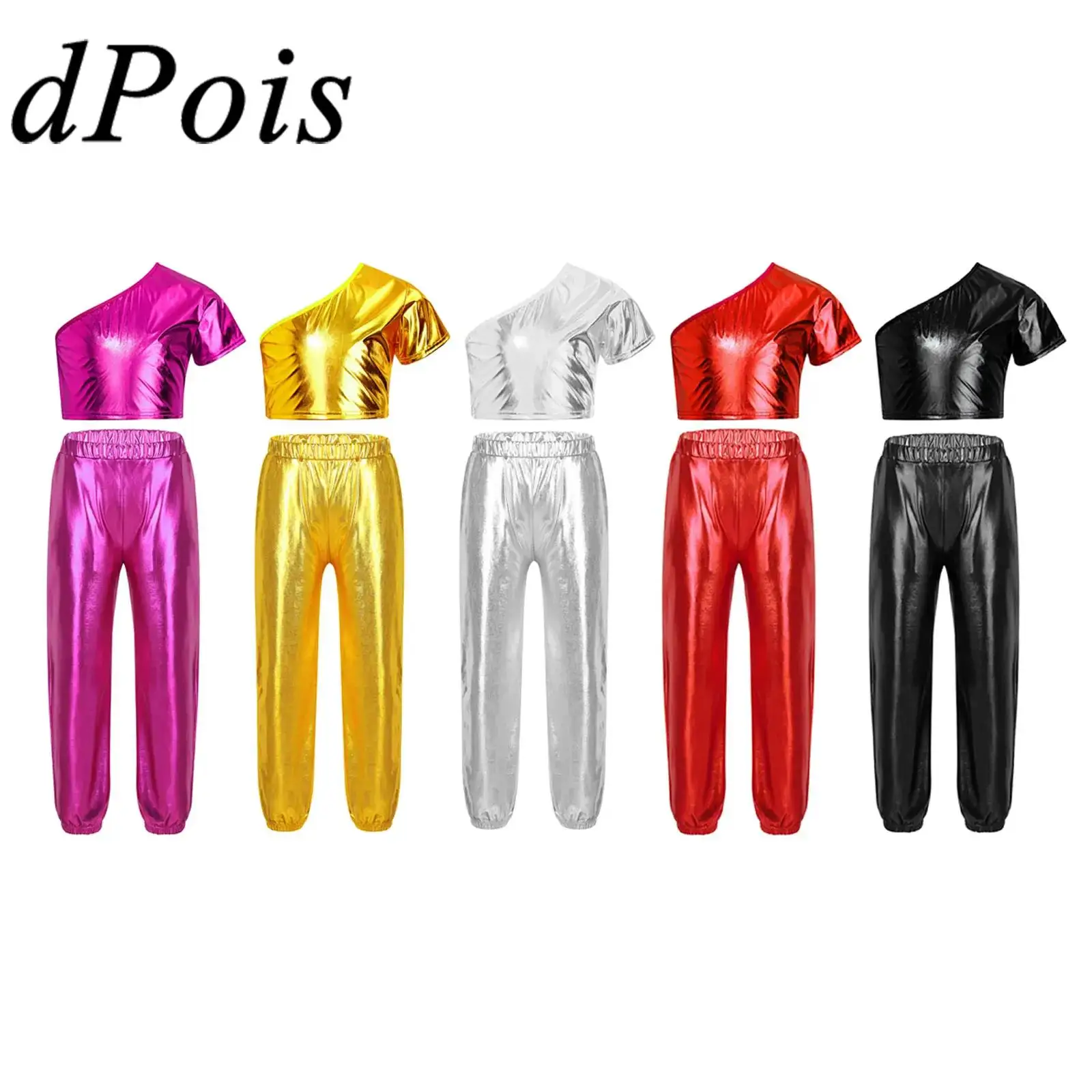 

Teens Dancewear Set Kids Girls Metallic Hip Hop Clothes Streetwear Crop Top T-shirt Pants for Jazz Dance Performance Costumes