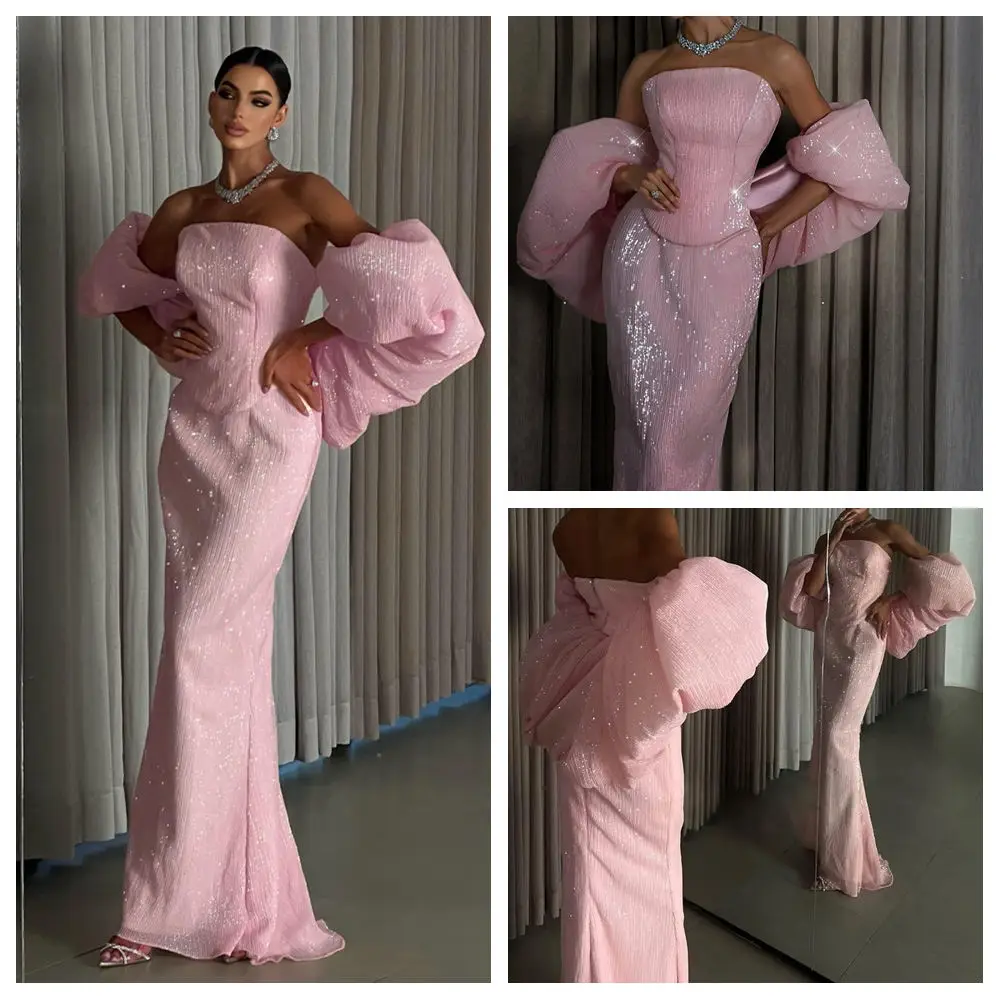 

Вечерние платья без бретелек по индивидуальному заказу, блестящее плиссированное платье русалки для выпускного вечера с блестками, простое розовое длинное платье принцессы для дня рождения