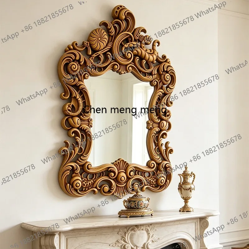 Retro light luxury carved makeup mirror European court bedroom wall hanging art bathroom mirror