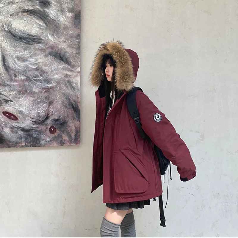 Fashion Winter New Clothing Female White Duck Down Large Fur Collar Hooded Down Jacket Loose Casual Thickened Warm Short Parkas