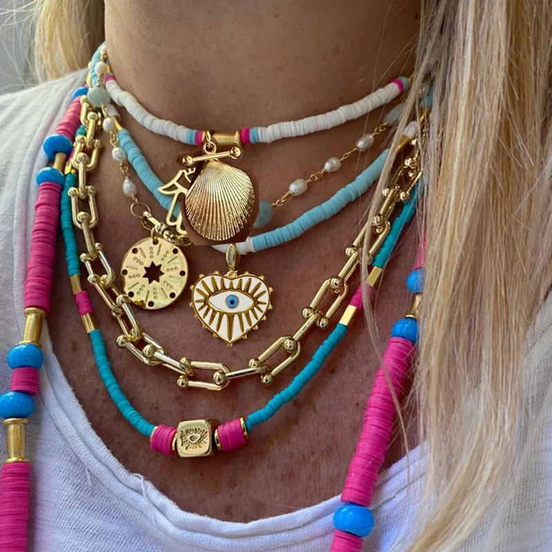 2025 summer gift Boho Classic Vintage Jewelry Necklace For Woman heart shell Turkish Eyes Accessories Short Choker Fashion Charm