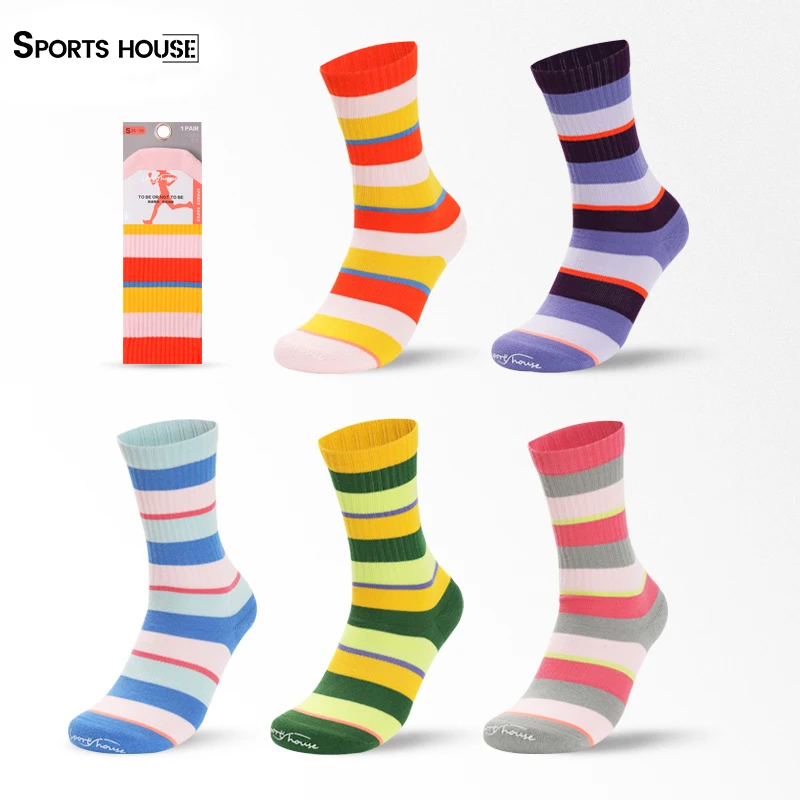 SPORT'S HOUSE Women's mid-tube sports socks Color striped towel bottom breathable non-slip cycling and running socks