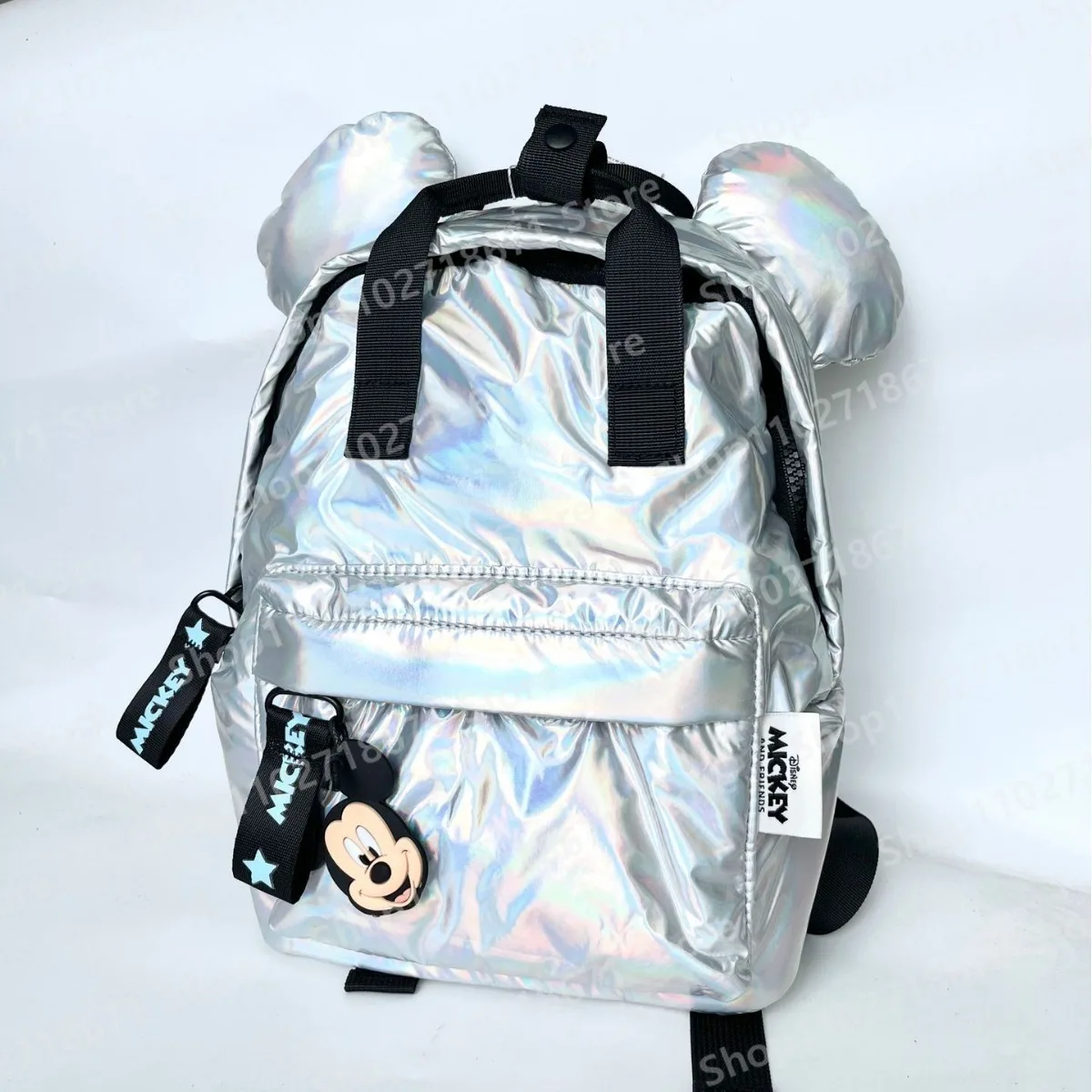 Disney-mochila de Mickey Mouse para niño y niña, morral escolar con diseño creativo de reflejo láser plateado, bolsa de moda para regalo