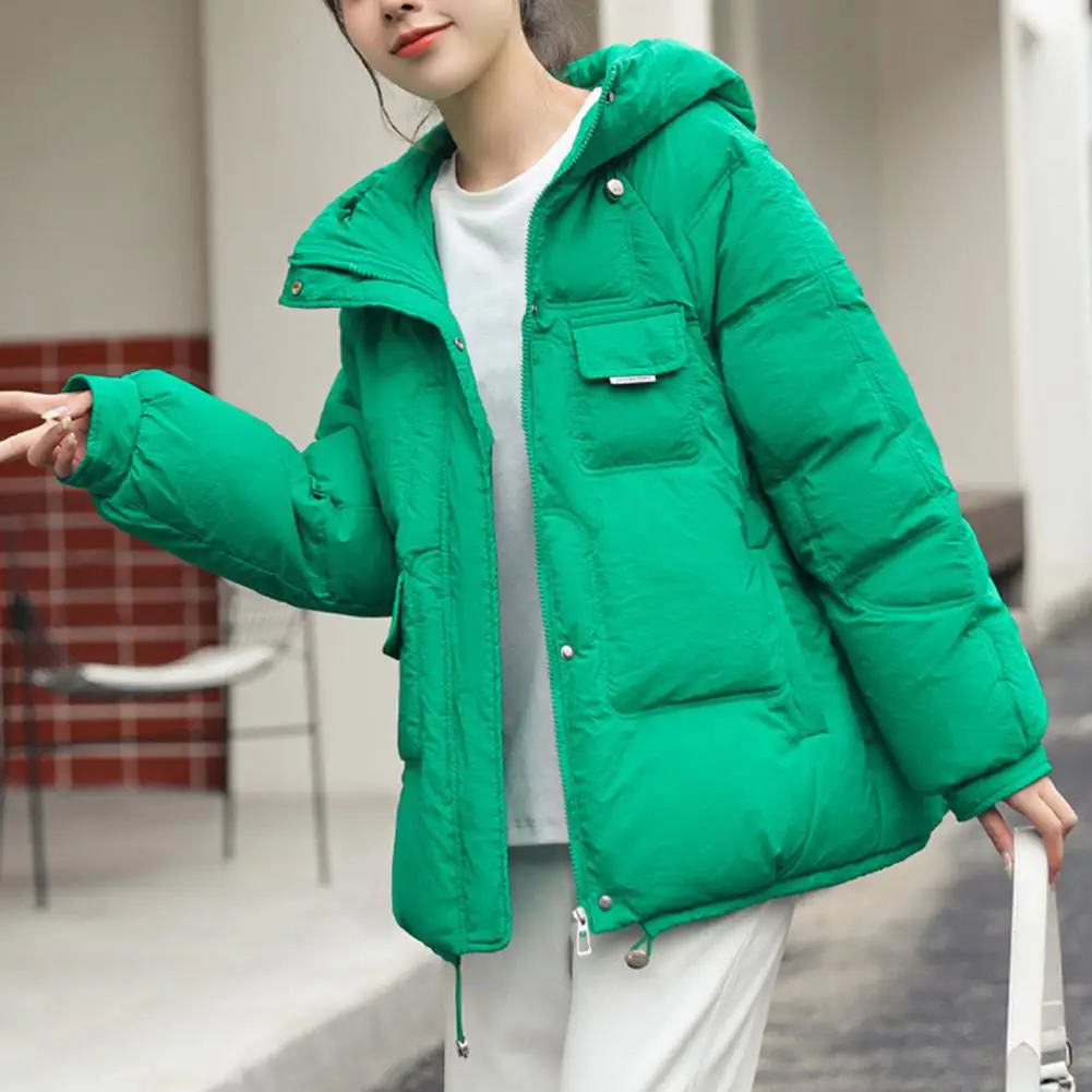 Women Winter Jacket Patch Pocket Zipper Closure Hooded Down Cotton Coat Warm Thicken Overcoat Women Casual Outwear Clothes